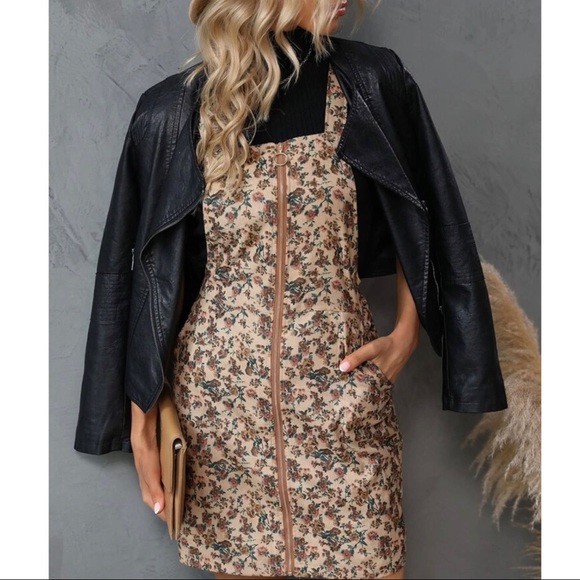 Boho Floral Print Zipper corduroy Dress - Picture 2 of 4